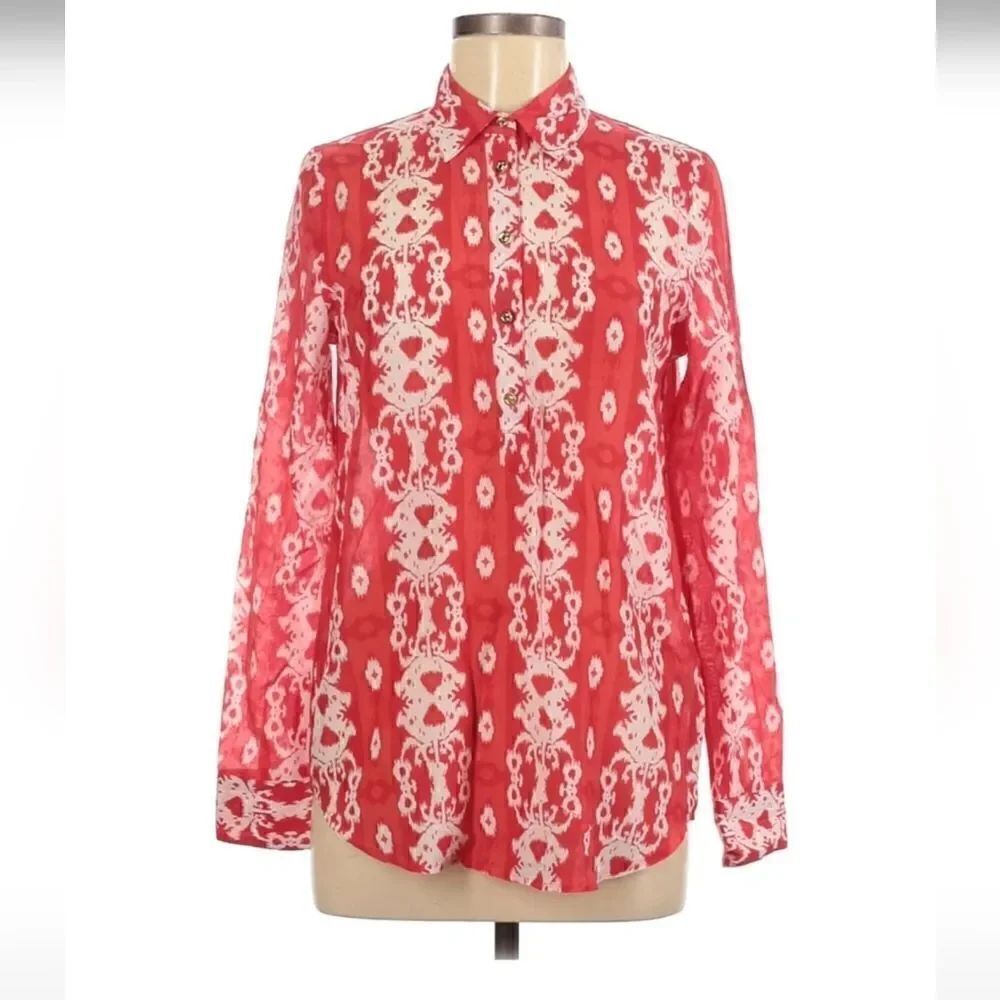 C. Wonder Ikat Print Buttondown Blouse Red White Size Small Women's